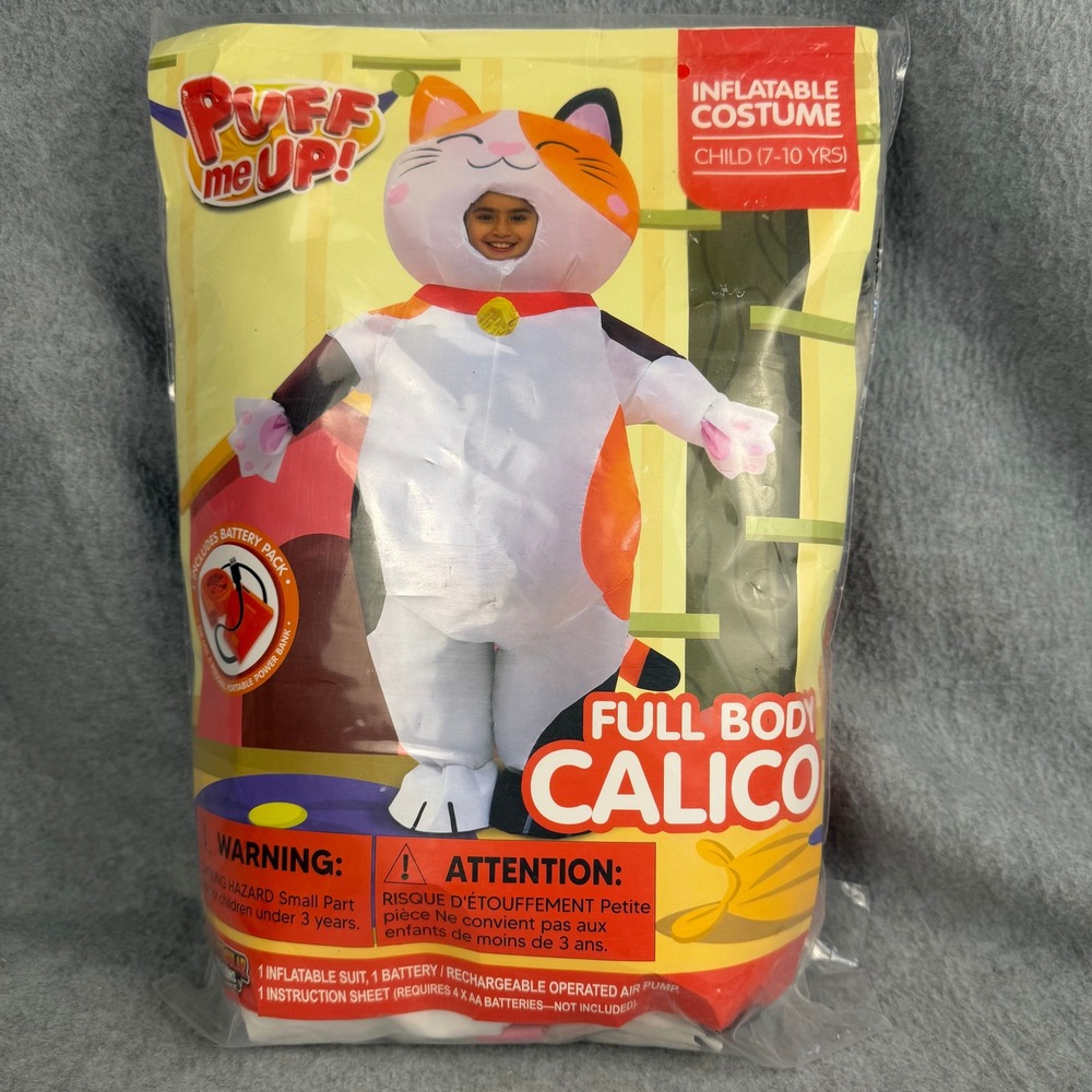 Puff Me Up! Inflatable Costume Kids 7-10 Calico Cat Full Body Blow Up Outfit NEW